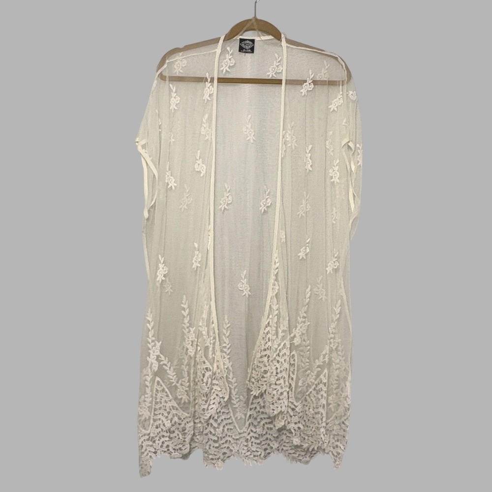 Cal Style White Embroidered Lace Mesh Kimono Cardigan XL 2XL Boho Duster